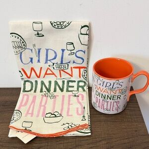 Anthropologie- PHTHALO RUTH GIRLS WANT DINNER PARTIES STONEWARE MUG/DISH TOWEL